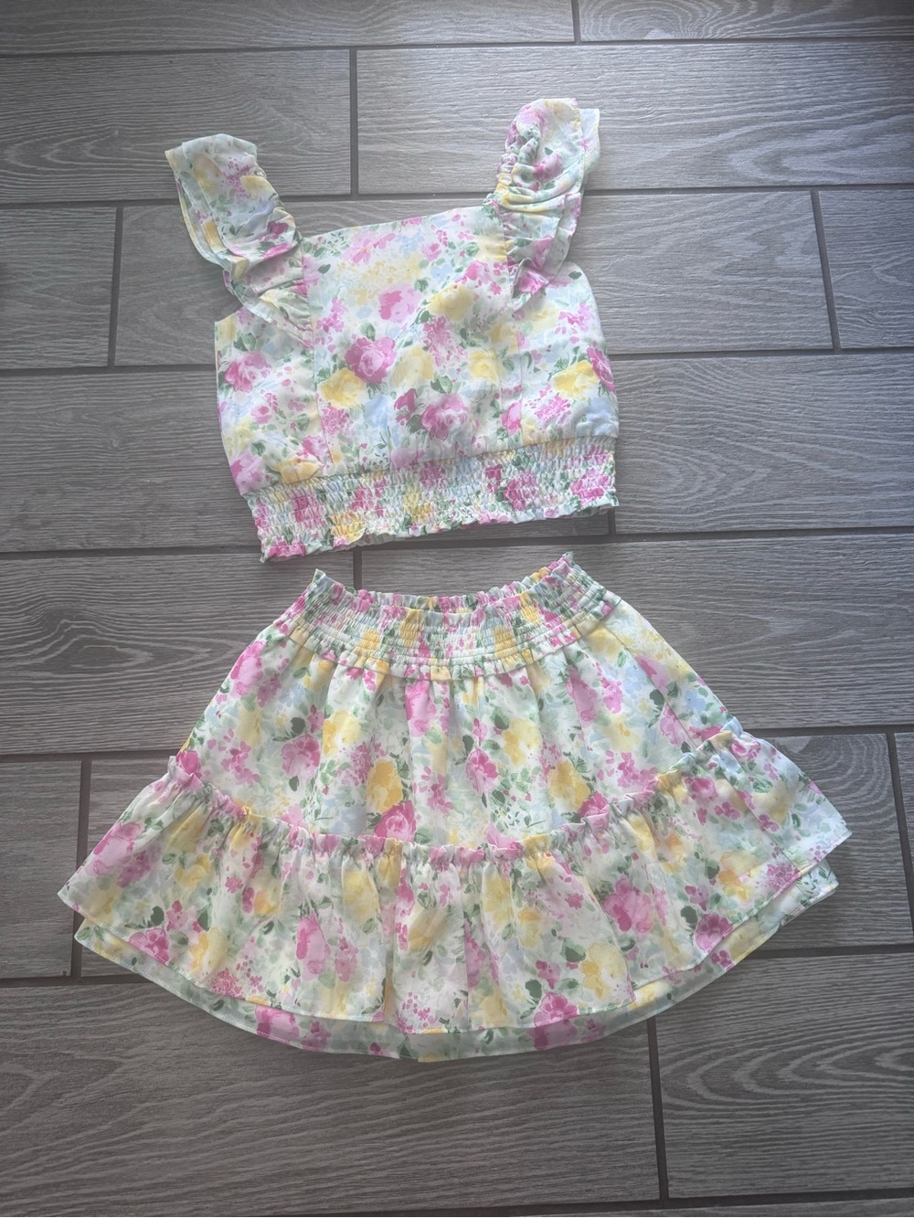 Janie and Jack Pastel White Peony Floral Ruffle Skirt Set - Pink & Yellow